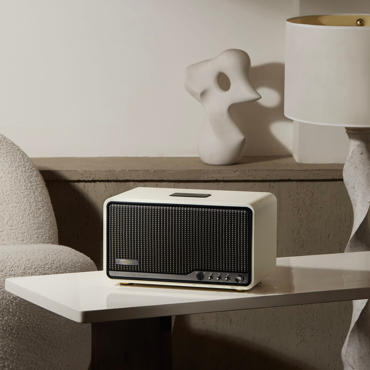Edifier 80-Watt-RMS Bluetooth Retro S300 Powered Tabletop Speaker with 5.5-In Mid-Bass Driver, Hi-Res Audio, Aux, AirPlay 2, Remote, Ivory