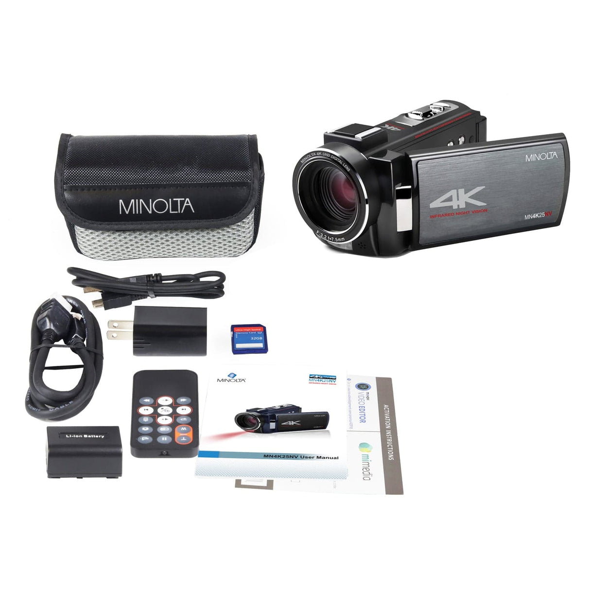 Minolta 4K-Ultra-HD IR Night Vision Camcorder with 16x Digital Zoom, Anti-Shake, Rechargeable Battery, and 16-GB SDHC Card, MN4K25NV, Black