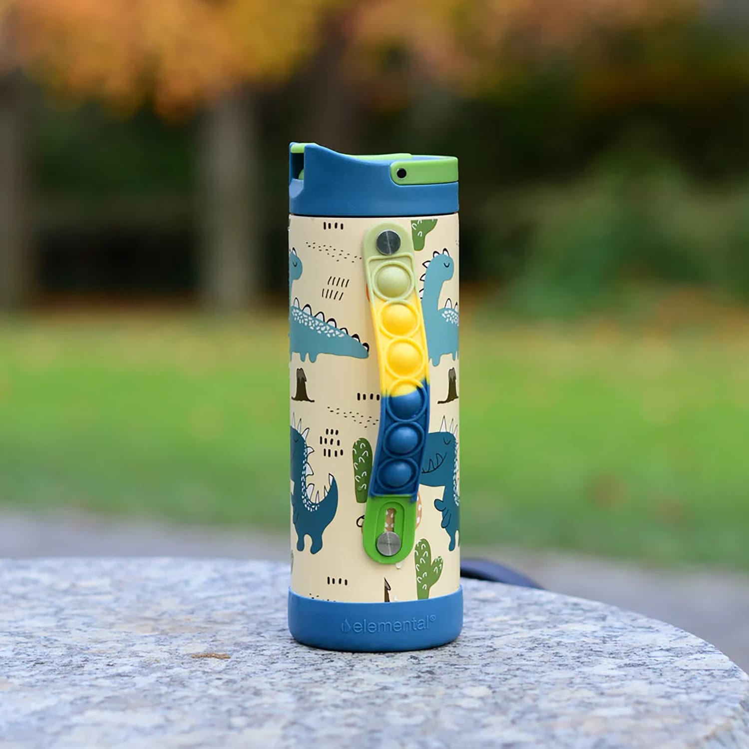 Elemental Iconic Pop Stainless Steel Fidget Water Bottle with Flip-open Sports Cap, 14 Oz., Dinosaur