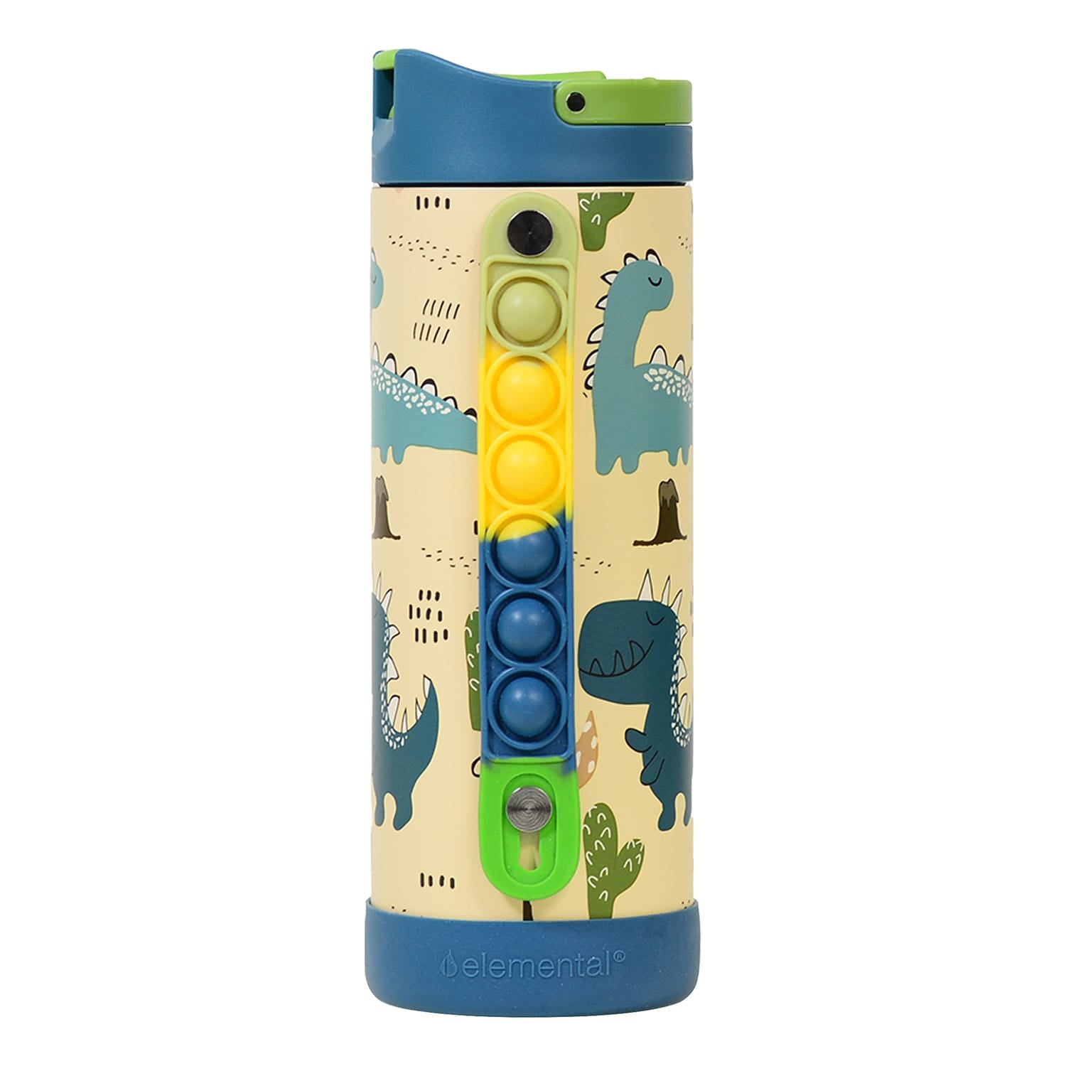 Elemental Iconic Pop Stainless Steel Fidget Water Bottle with Flip-open Sports Cap, 14 Oz., Dinosaur