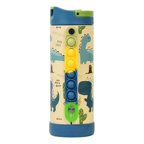 Elemental Iconic Pop Stainless Steel Fidget Water Bottle with Flip-open Sports Cap, 14 Oz., Dinosaur