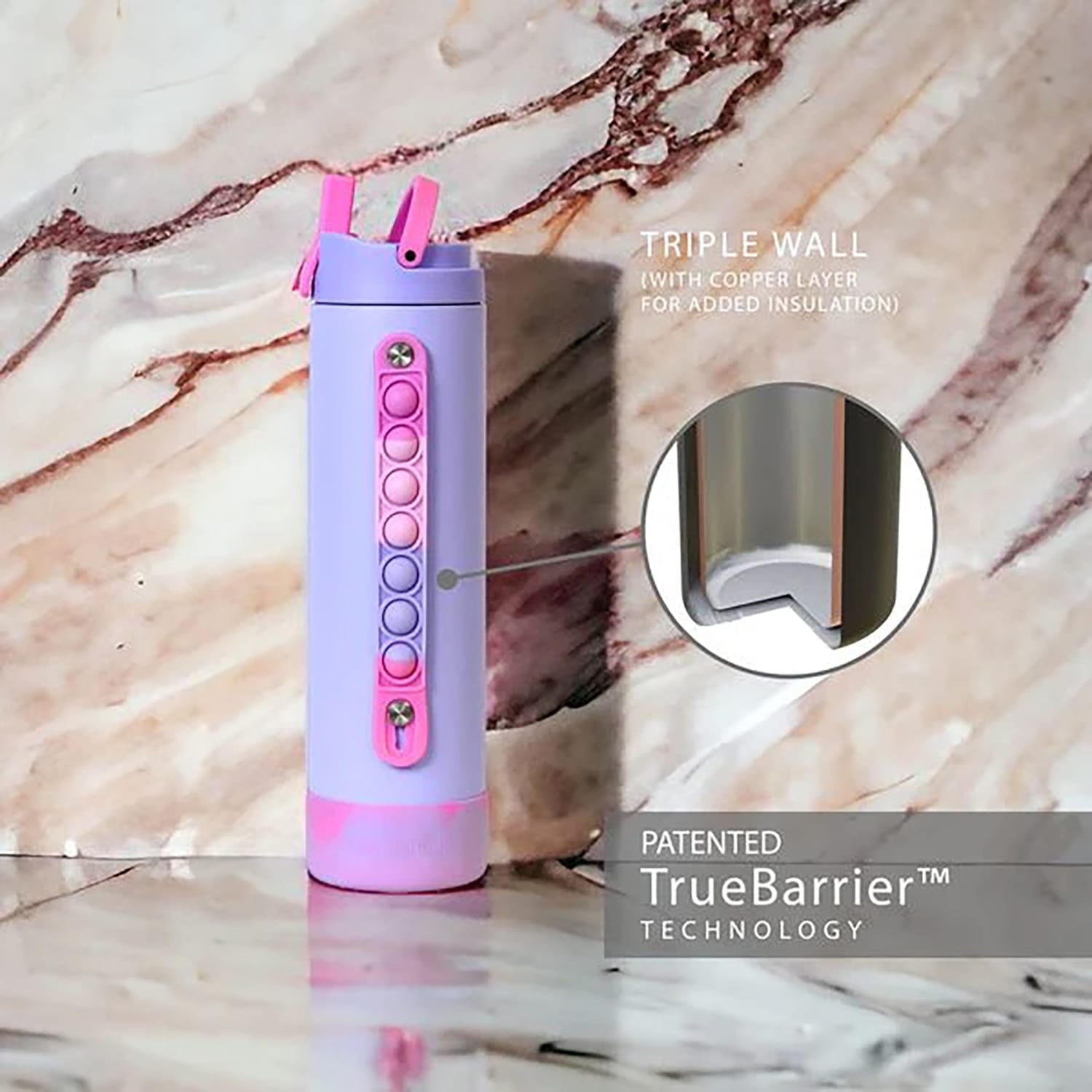 Elemental Iconic Pop Stainless Steel Fidget Water Bottle with Flip-open Sports Cap, 20 Oz., Lilac Tie Dye
