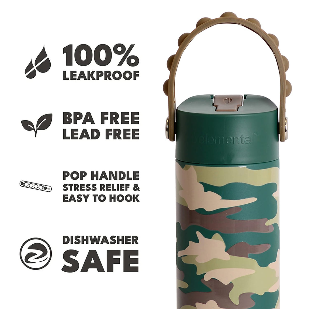 Elemental Core Pop Stainless Steel Water Bottle, 18 Oz., Green Camo