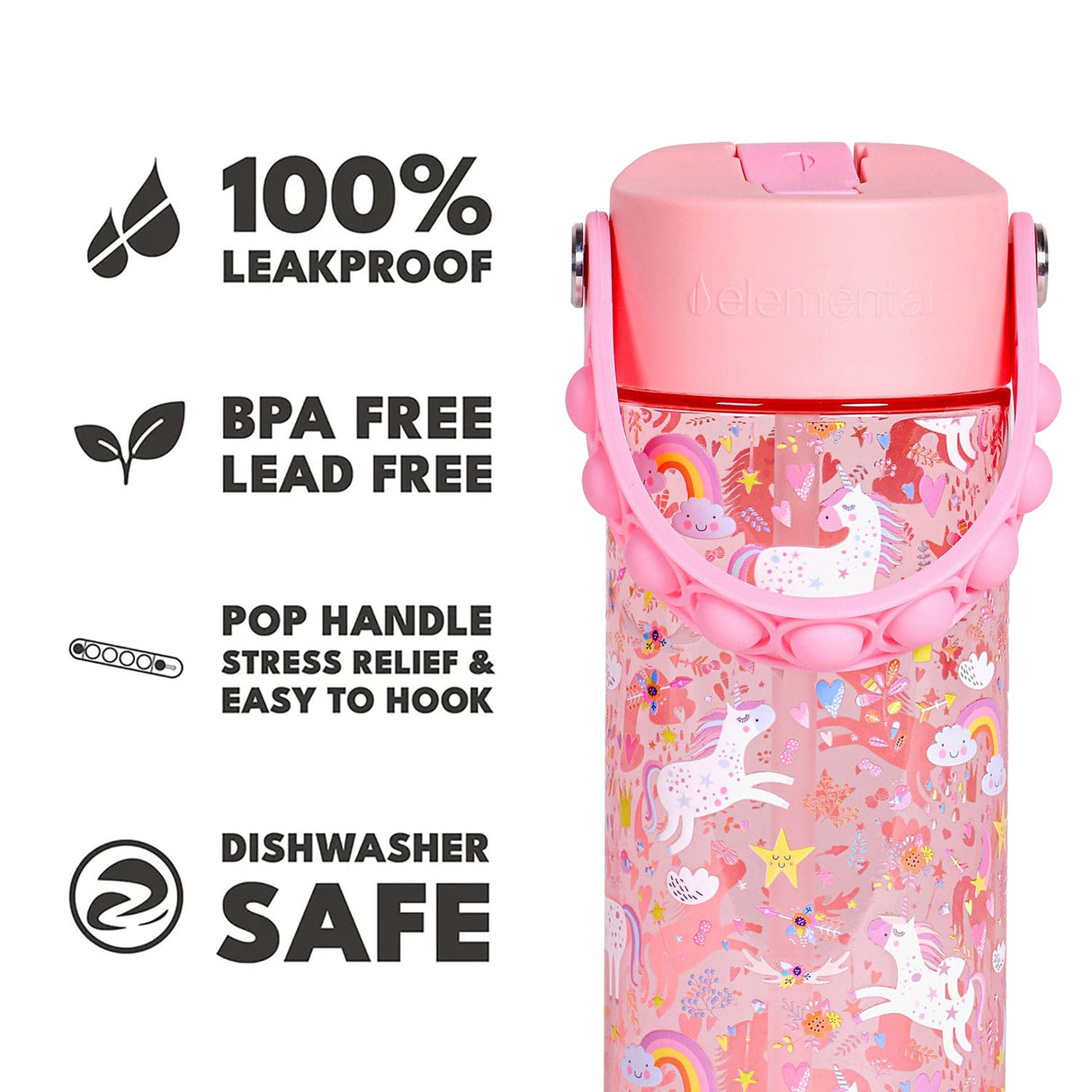Elemental Splash Pop Tritan Water Bottle, 18 Oz., Pink Unicorn
