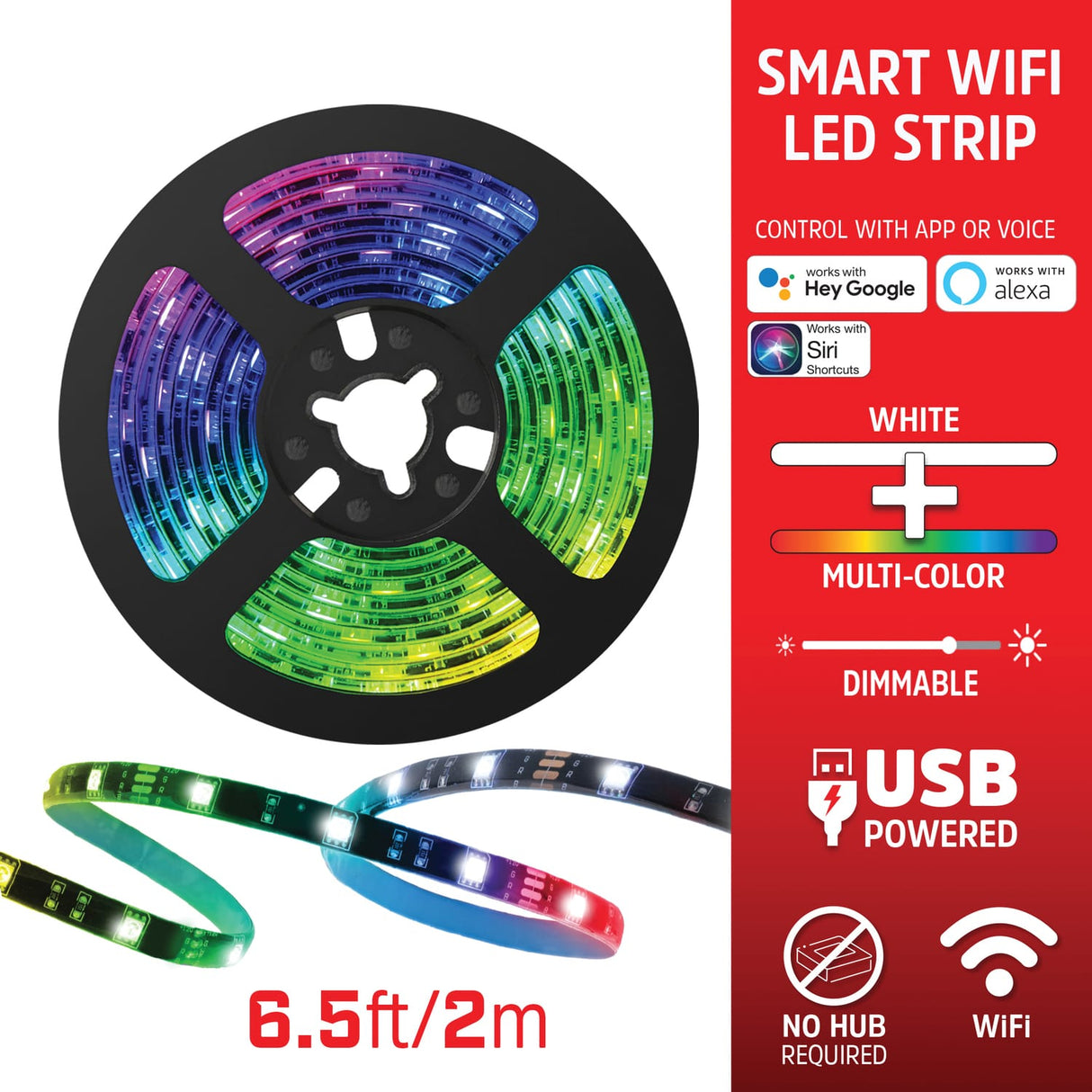 Energizer Connect Smart Wi-Fi Dimmable Bright White and Multicolor LED Light Strip, 6.56 Feet