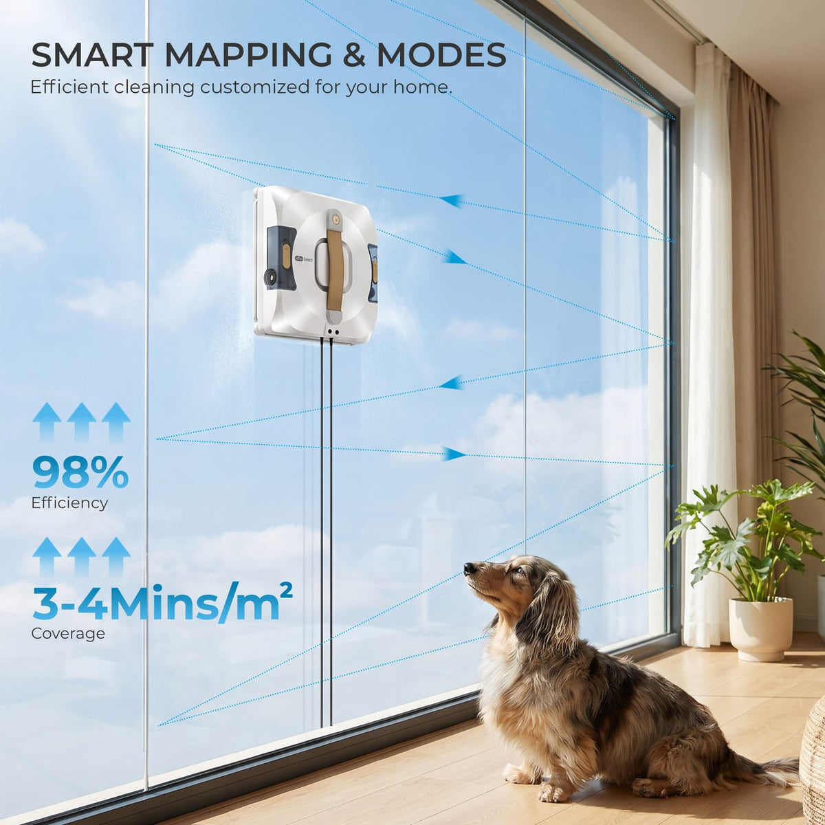 ePro Select EV3015 Corded Window Cleaning Robot, Full Wet Wiping, Z/N Cleaning Patterns, 3.3 kPA Suction, Integrated Water Tank, Safety Rope, Remote