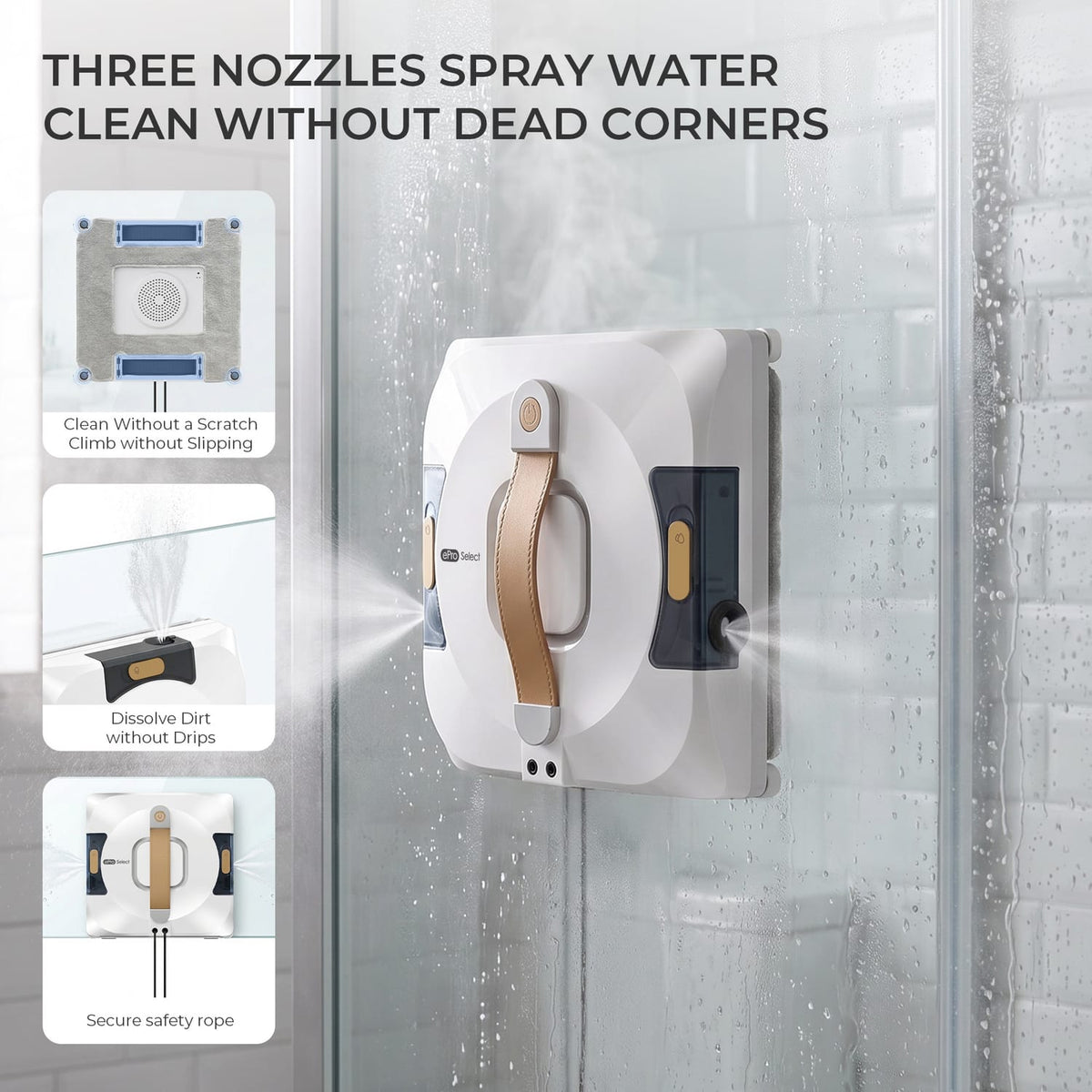 ePro Select EV3015 Corded Window Cleaning Robot, Full Wet Wiping, Z/N Cleaning Patterns, 3.3 kPA Suction, Integrated Water Tank, Safety Rope, Remote