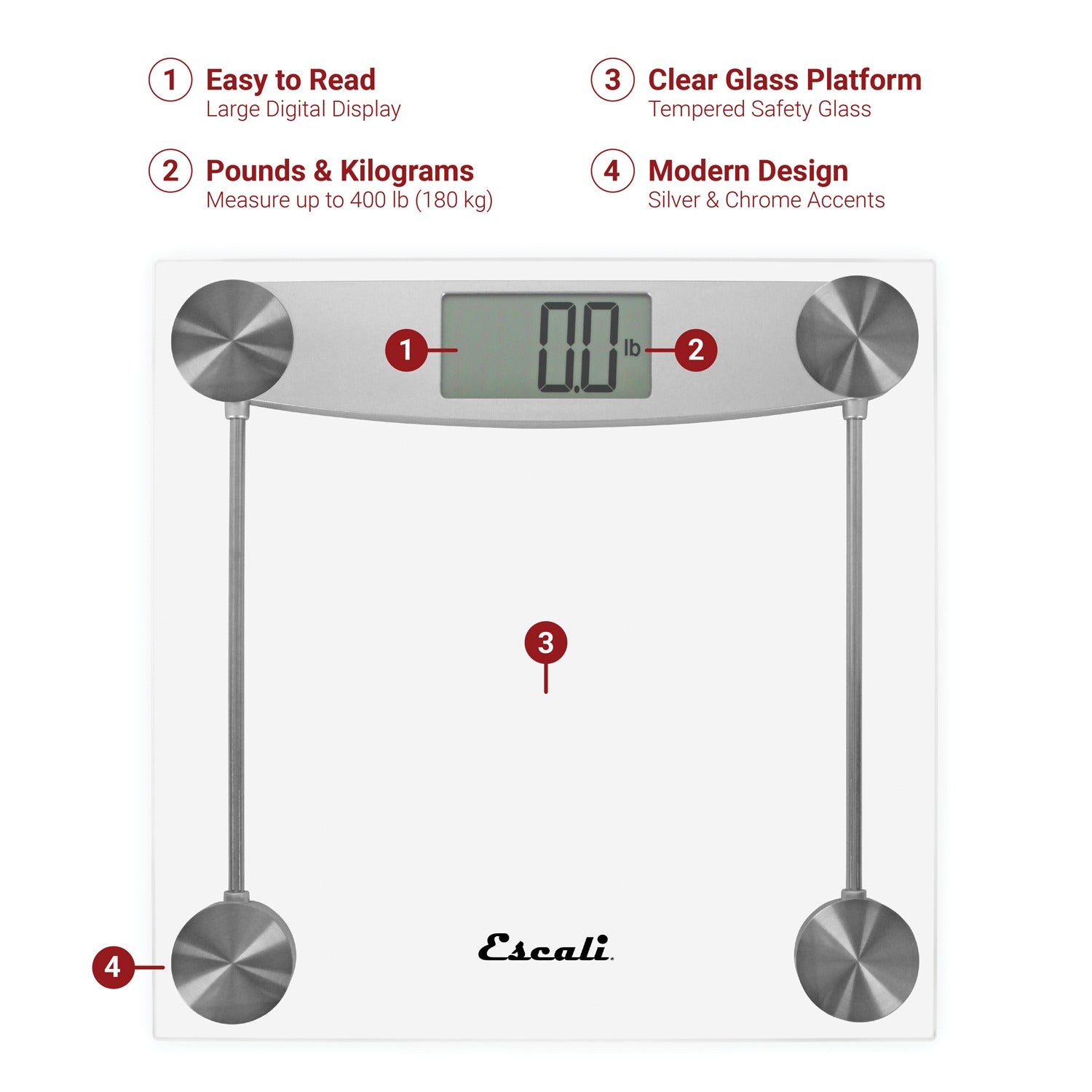 Escali Easy-to-Read Display 400-lb Capacity Chrome and Glass Bathroom Scale