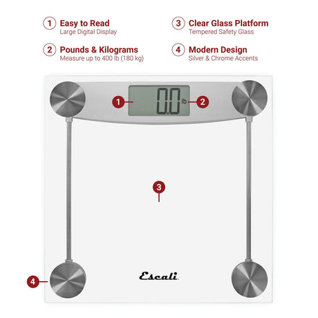 Escali Easy-to-Read Display 400-lb Capacity Chrome and Glass Bathroom Scale