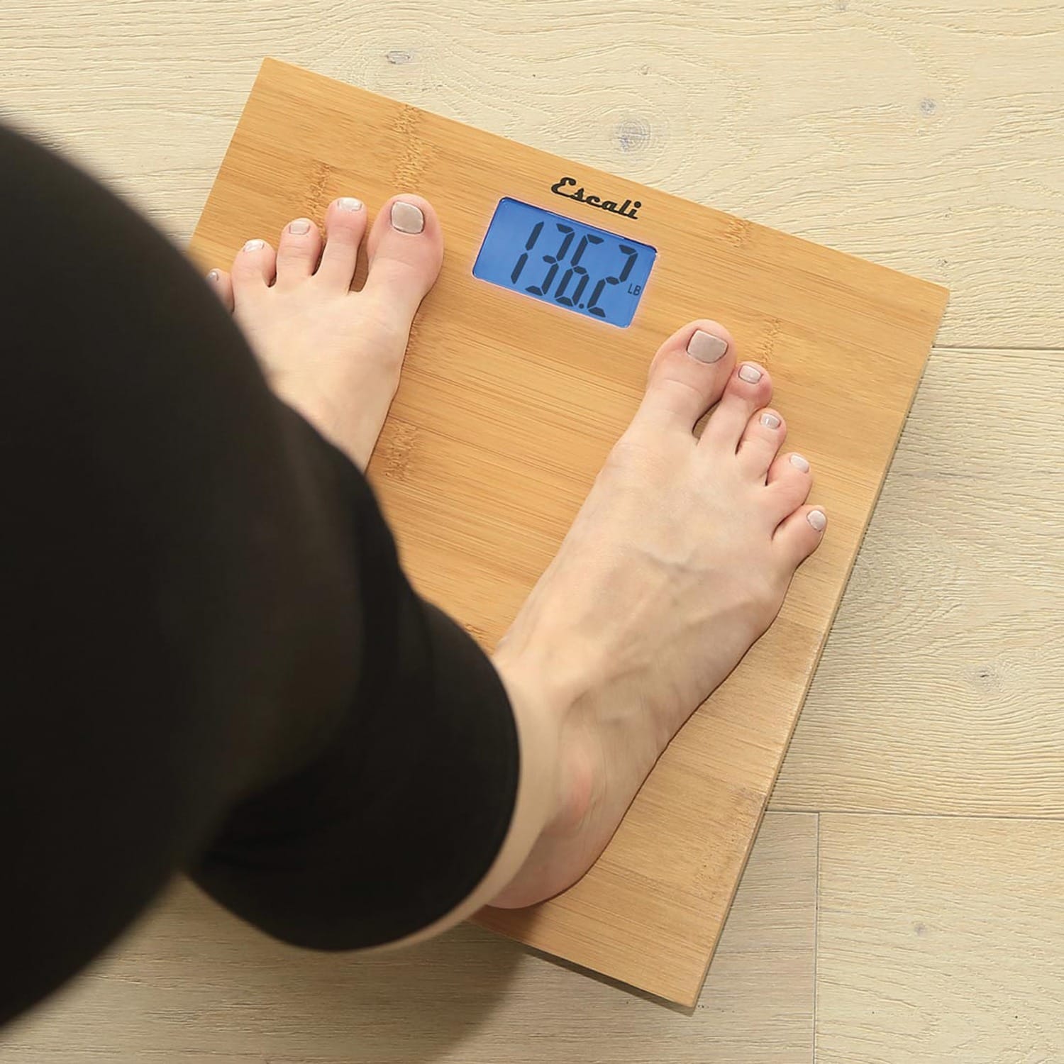 Escali Blue Back-light Display 400-lb Capacity Natural Bamboo Bathroom Scale