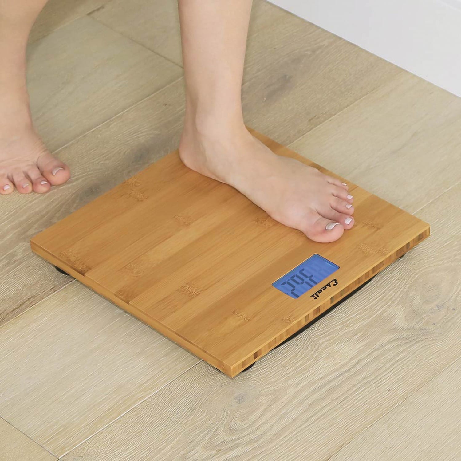 Escali Blue Back-light Display 400-lb Capacity Natural Bamboo Bathroom Scale