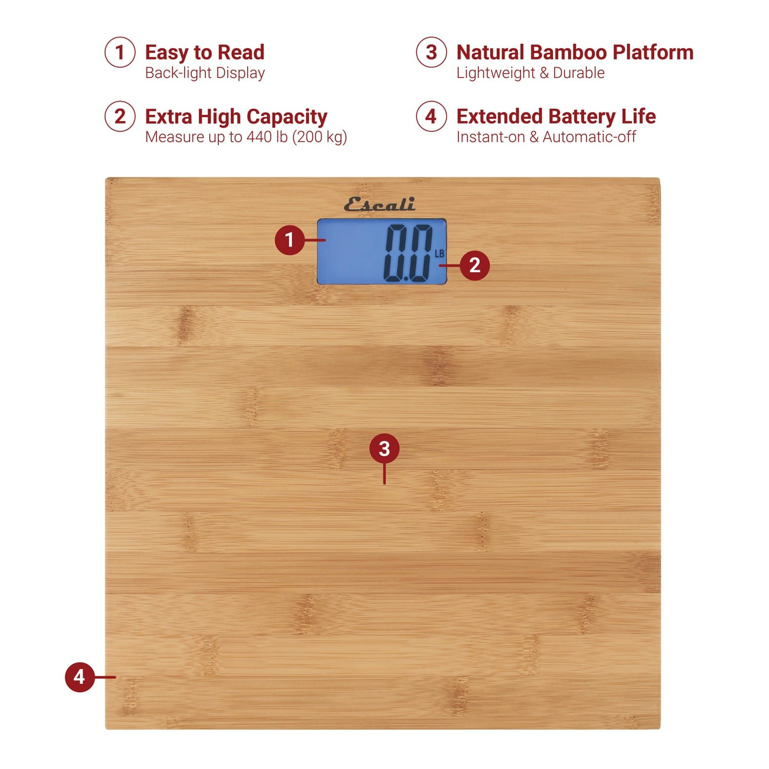 Escali Blue Back-light Display 400-lb Capacity Natural Bamboo Bathroom Scale