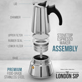 The London Sip 10-Cup Stainless Steel Stovetop Espresso Maker, Matte Black