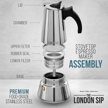 The London Sip 10-Cup Stainless Steel Stovetop Espresso Maker, Matte Black