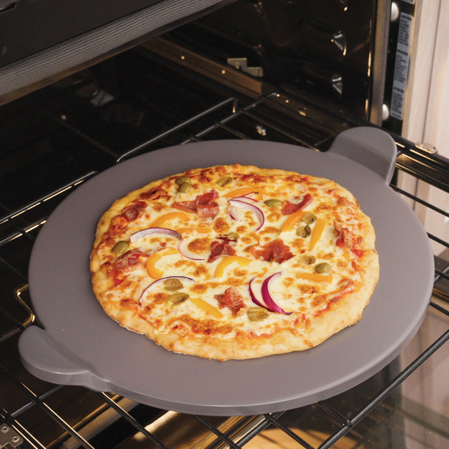 Old Stone Pizza Kitchen Glazed Pizza Stone with Handles, Gray, 13 In.