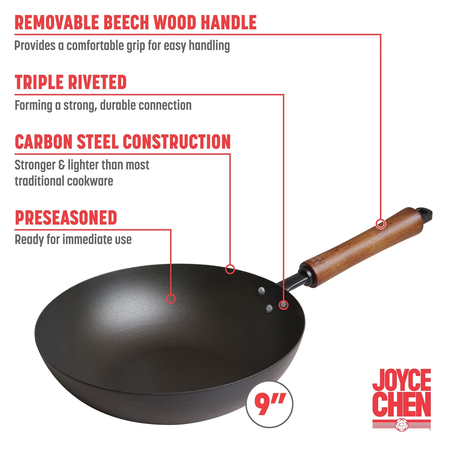 Joyce Chen 9.5-In. Classic Series Carbon Steel Preseasoned Stir Fry Pan with Beech Handle