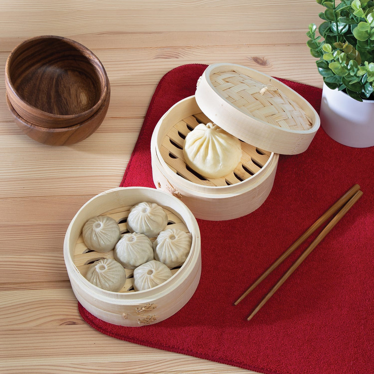 Joyce Chen 2-Tier Bamboo Steamer Baskets with Lid, 6 In.