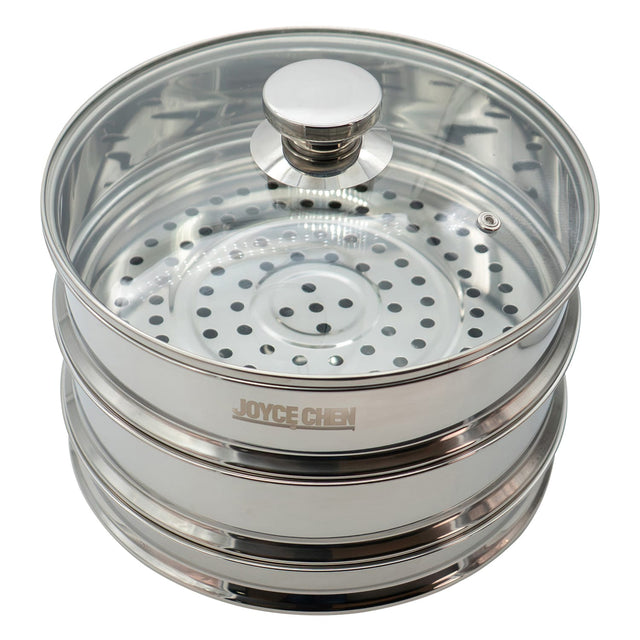 Joyce Chen 10-In. 2-Tier Stainless Steel Steamer with Vented Glass Lid and Wok Adapter Ring