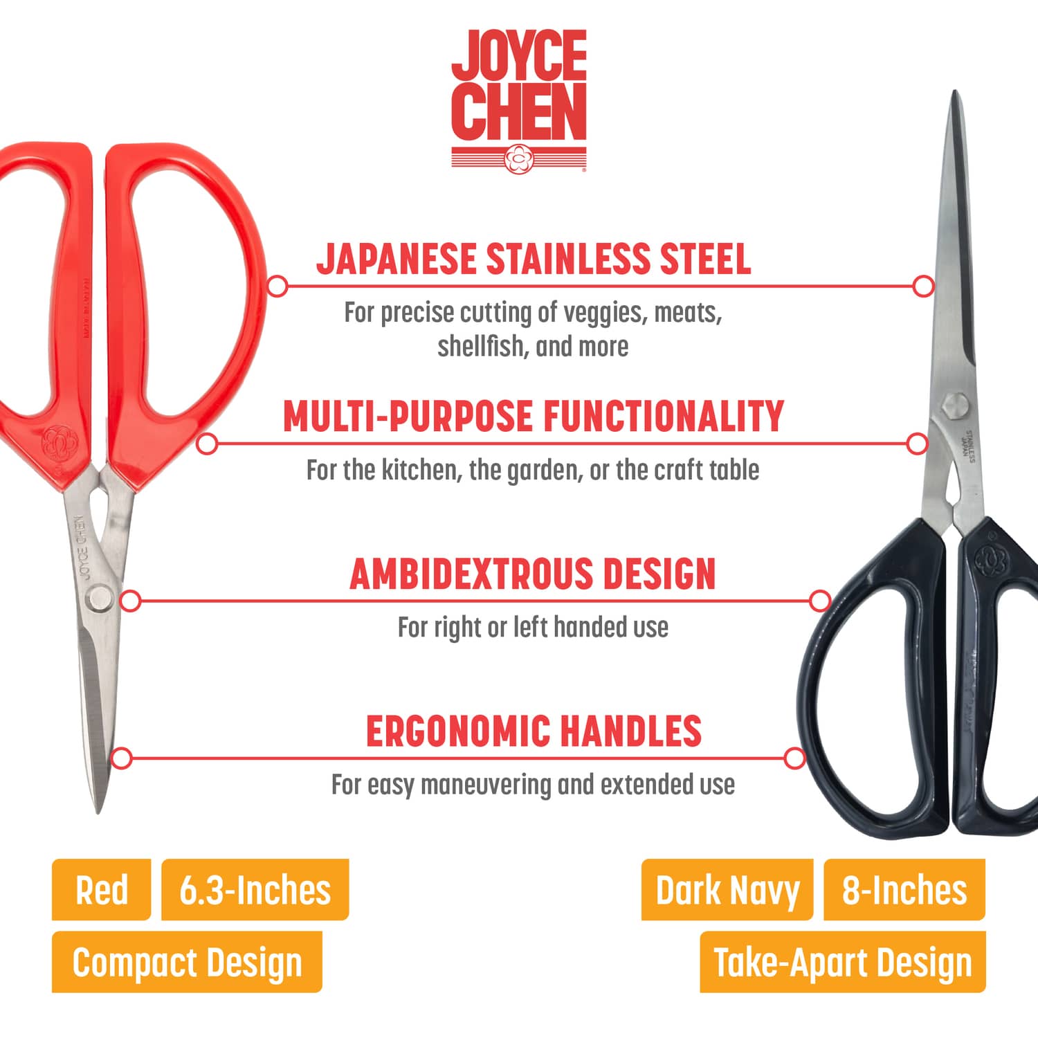 Joyce Chen 8-In. Deluxe Unlimited and 6.3-In. Original Unlimited Scissors, Ergonomic Dark Navy and Red Handles, 2 Pack