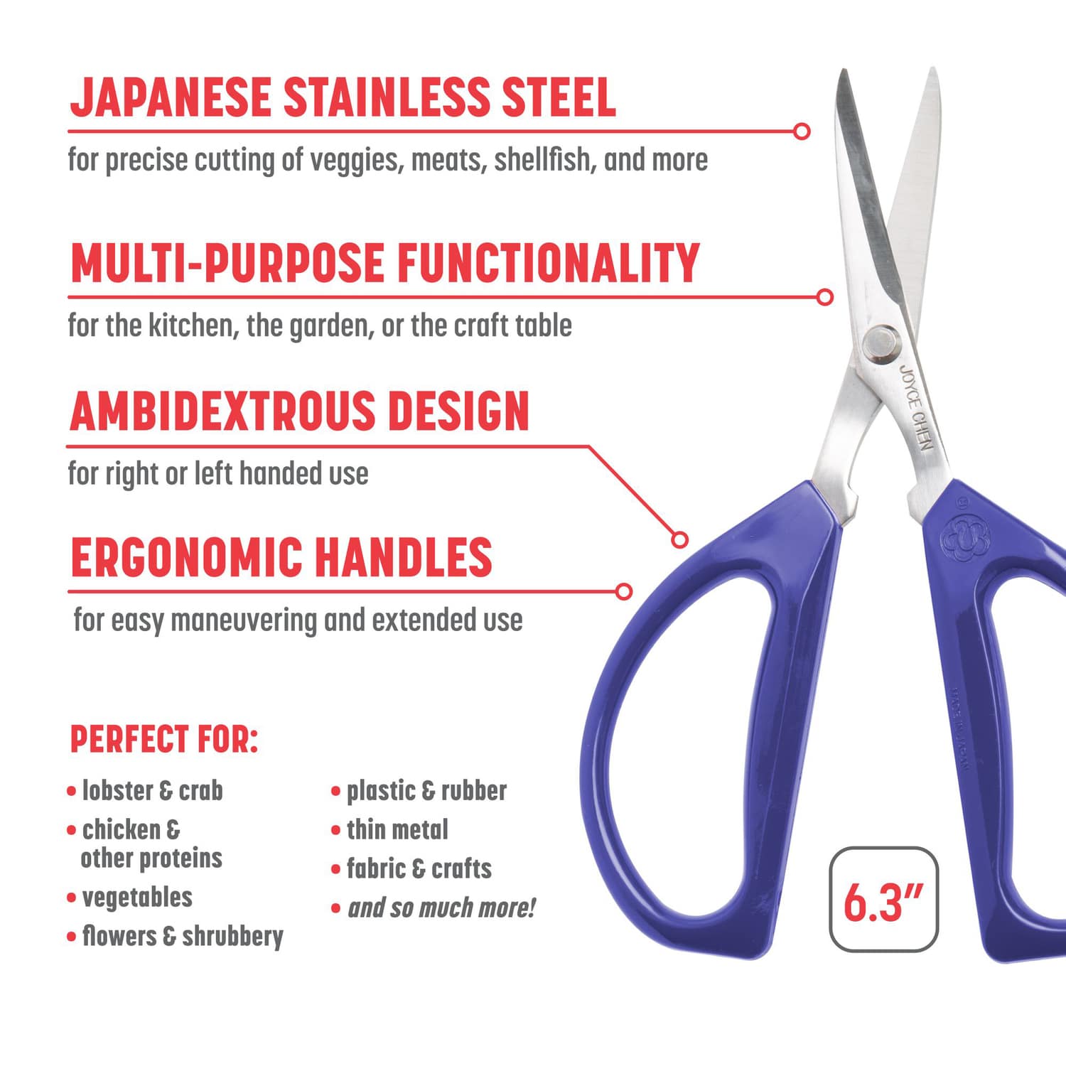 Joyce Chen 6.3-In. Original Unlimited Kitchen Scissors with Ergonomic Blue Handles, Ambidextrous, 2 Pack