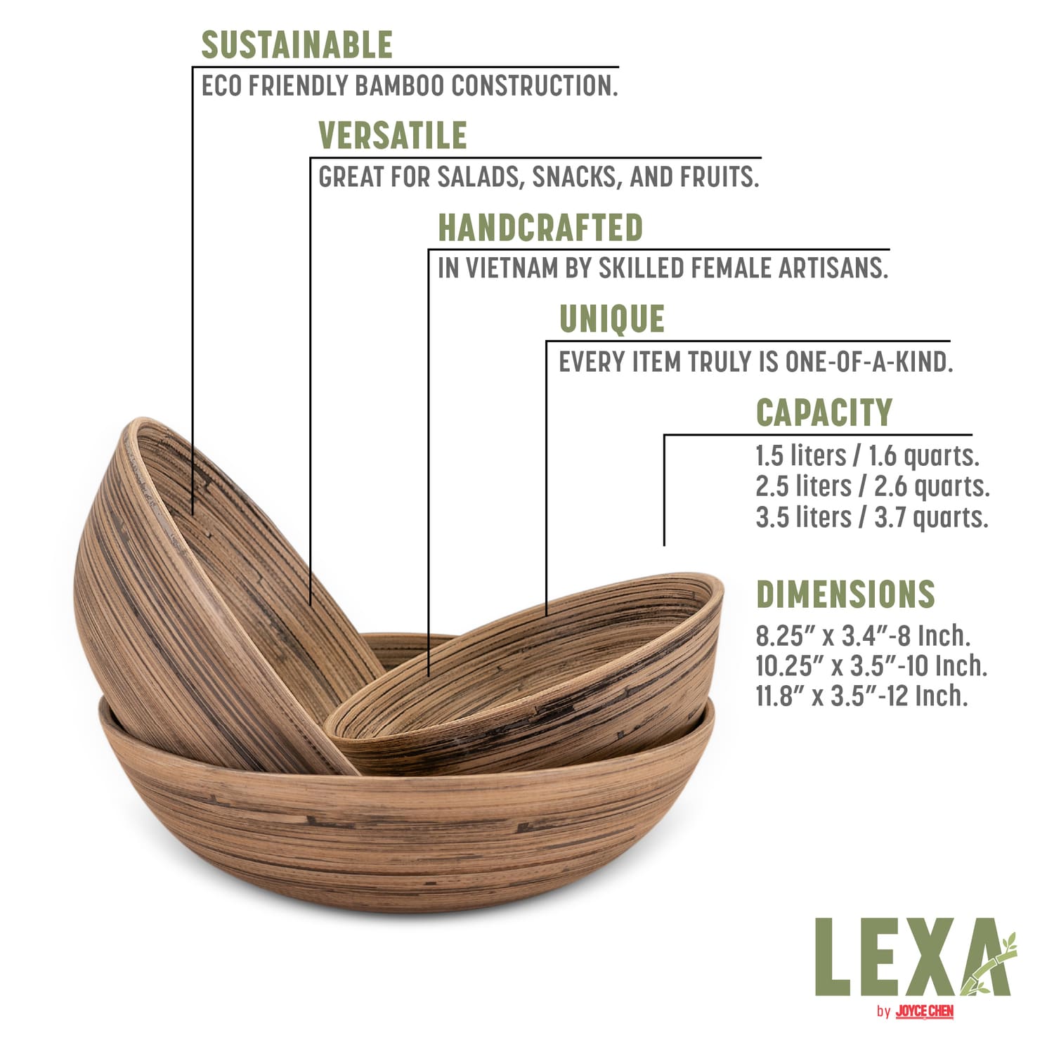 LEXA by Joyce Chen 3-Piece Bamboo Bowl Set with 12-In., 10-In., and 8-In. Bowls, Black/Natural