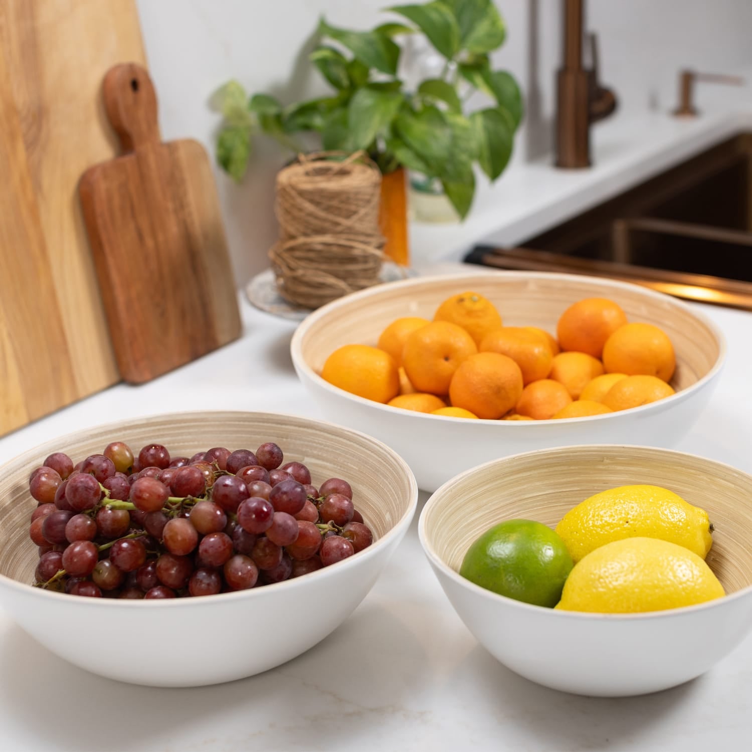LEXA by Joyce Chen 3-Piece Bamboo Bowl Set with 12-In., 10-In., and 8-In. Bowls, White