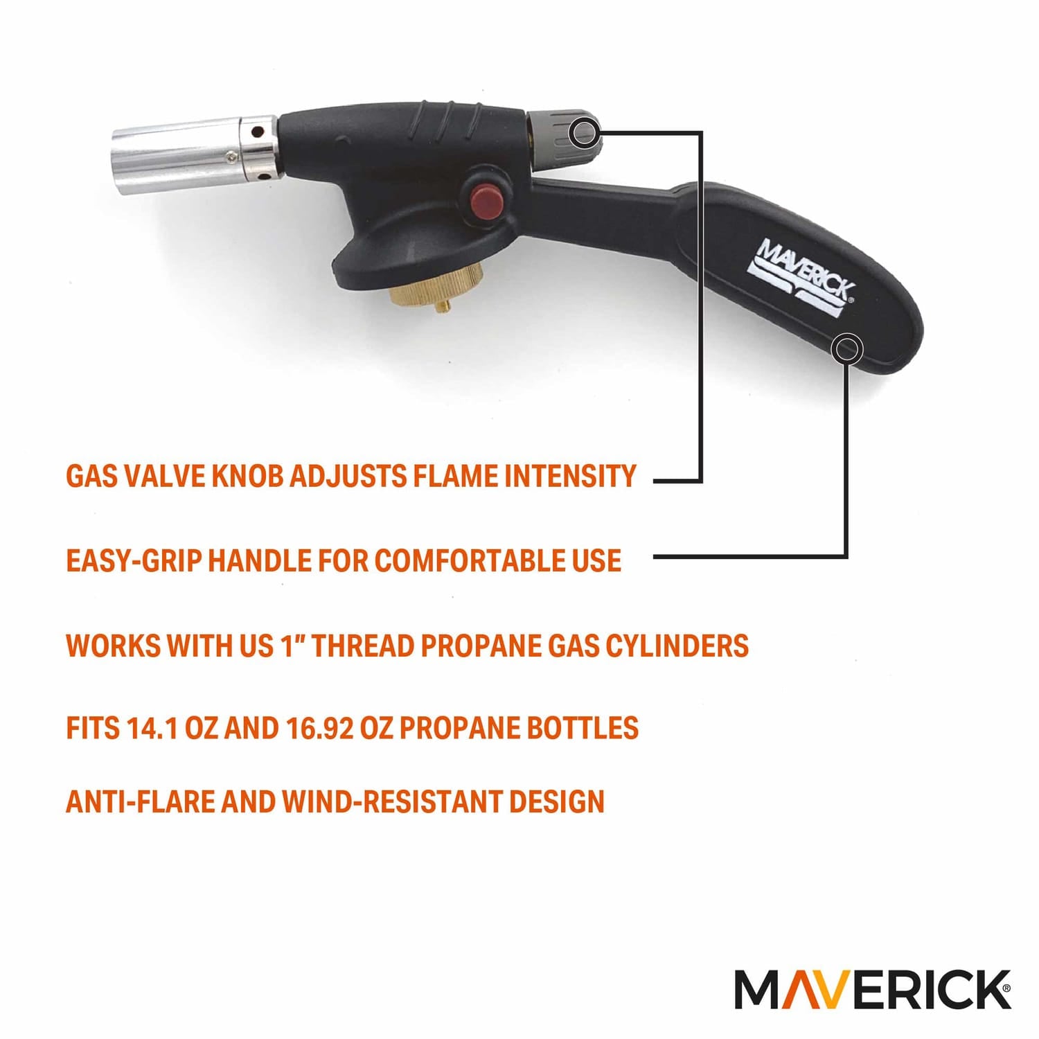 Maverick Handheld Propane Barbecue Torch for 14.1-Oz. and 16.92-Oz. Propane Bottles