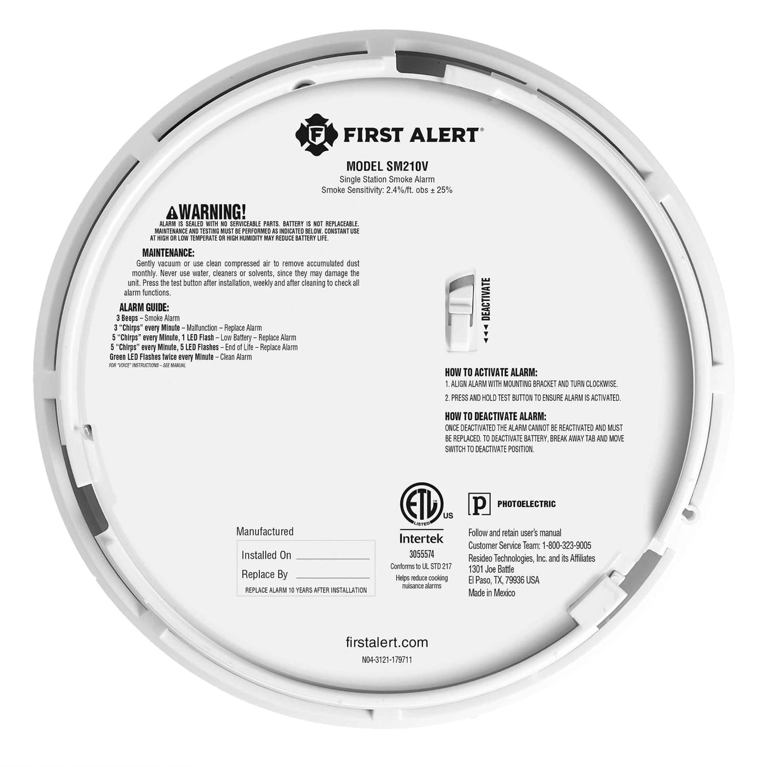 First Alert SM210V Sealed 10-Year-Battery Smoke Alarm with Voice and Location Alerts and Slim Profile