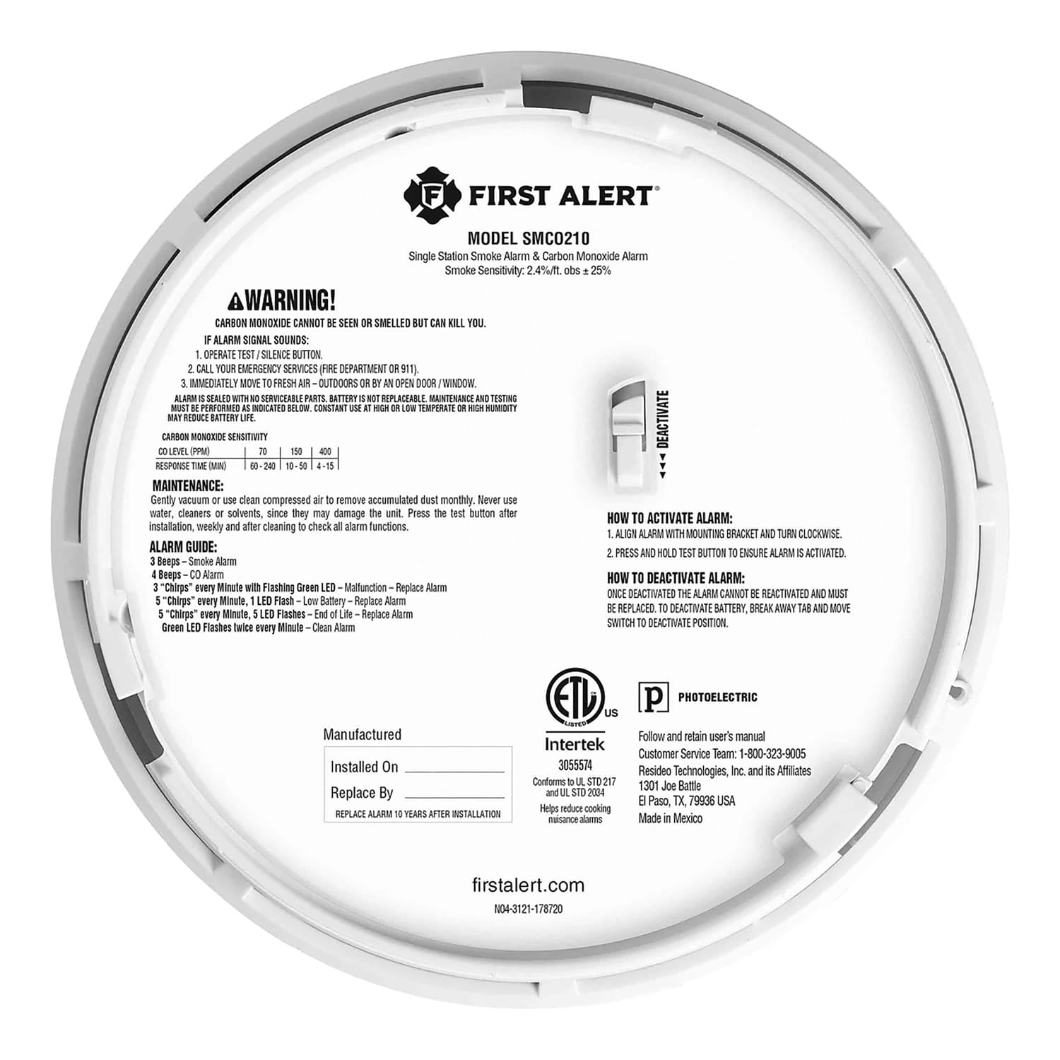 First Alert SMCO210 Sealed 10-Year-Battery 2-in-1 Smoke and CO Alarm with Slim Profile