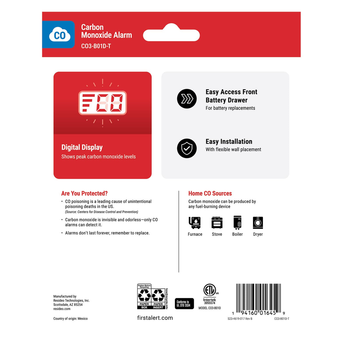 First Alert CO3-B01D-T Battery-Operated Carbon Monoxide Alarm with Digital Display