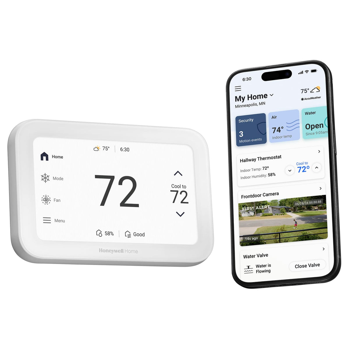 Honeywell Home X8S Smart Thermostat with Room Sensor, Video Doorbell Compatibility, IAQ Control, and Customizable Touch Screen Display, White