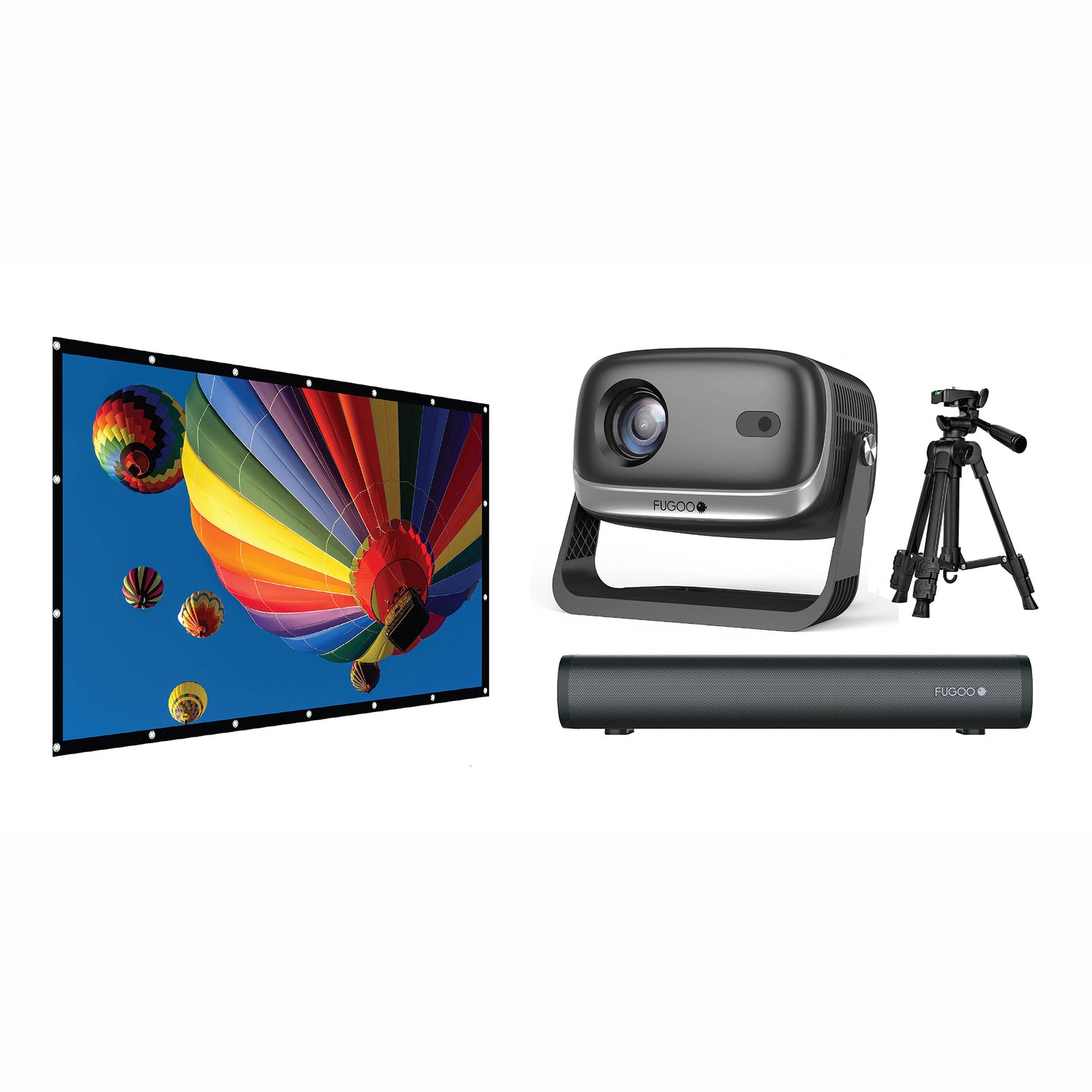 Fugoo Outdoor Projector Bundle with 1080p Projector, 15.7-In. Bluetooth Sound Bar, 120-In. Screen, and Adjustable Tripod