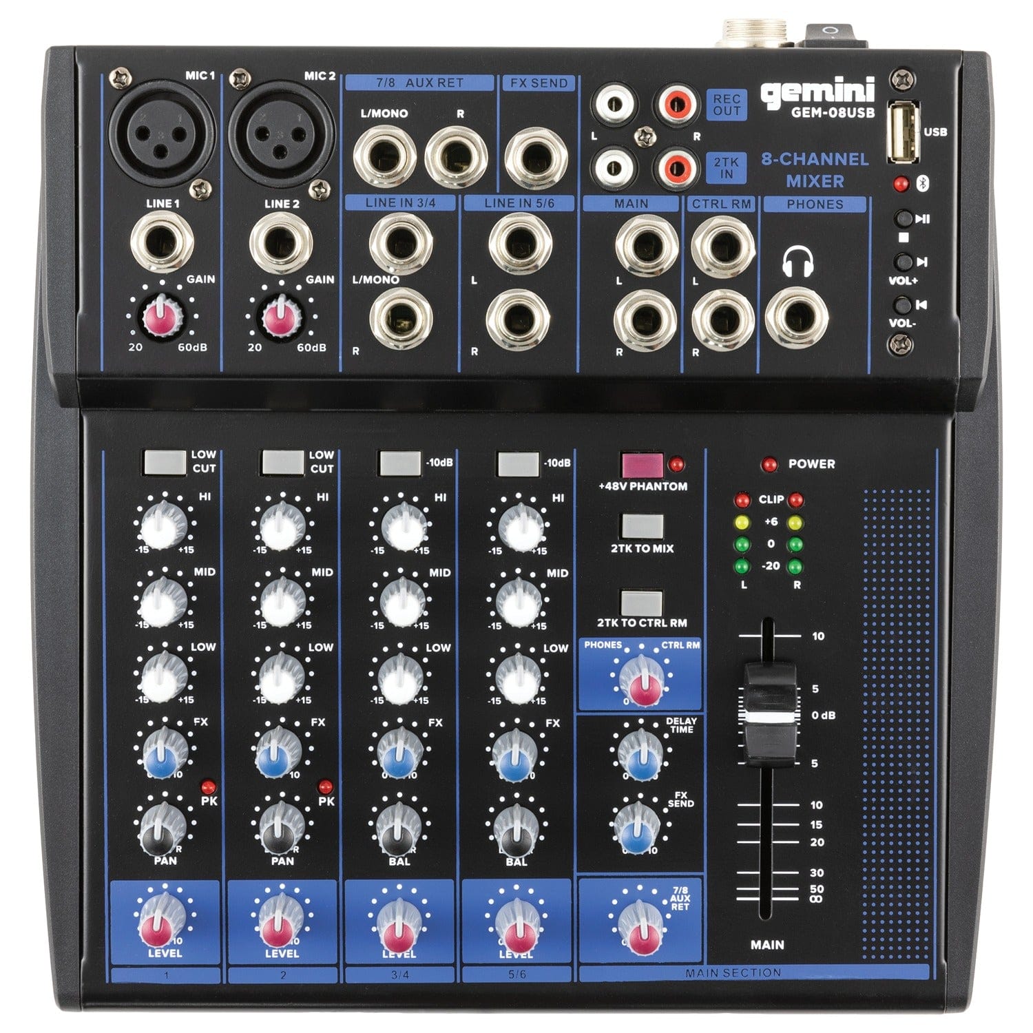 Gemini GEM-08USB Compact Analog Bluetooth Professional Audio Mixer, 8 Channels