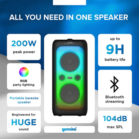 Gemini GGO Series Portable Bluetooth TWS Dual-Woofer Karaoke Boom Box with Lights, Microphone, and Remote, Black, GGO-2650L