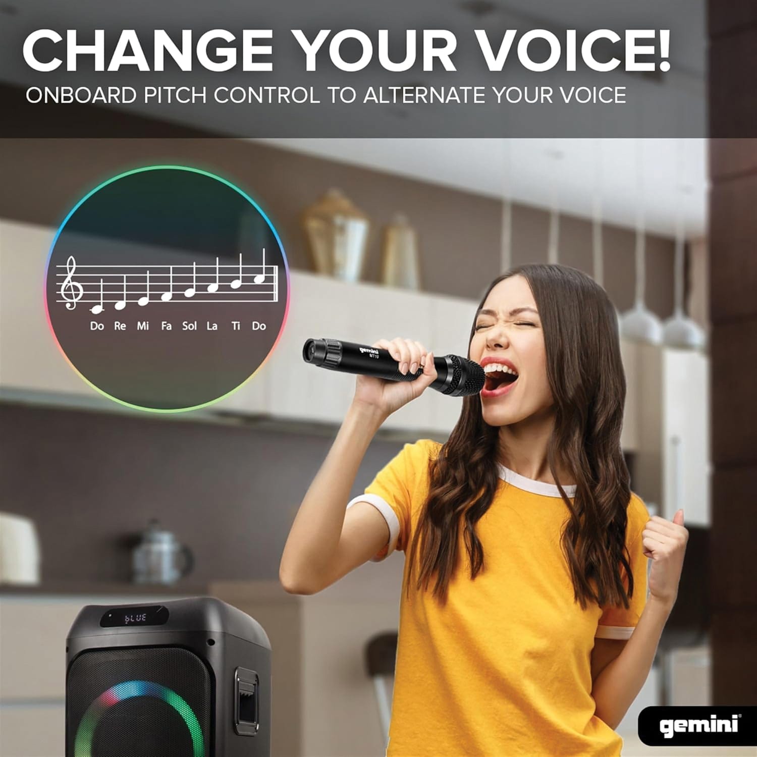 Gemini Portable Bluetooth TWS Speaker with LED Party Lighting and Wired Microphone, Black, GHK-2800
