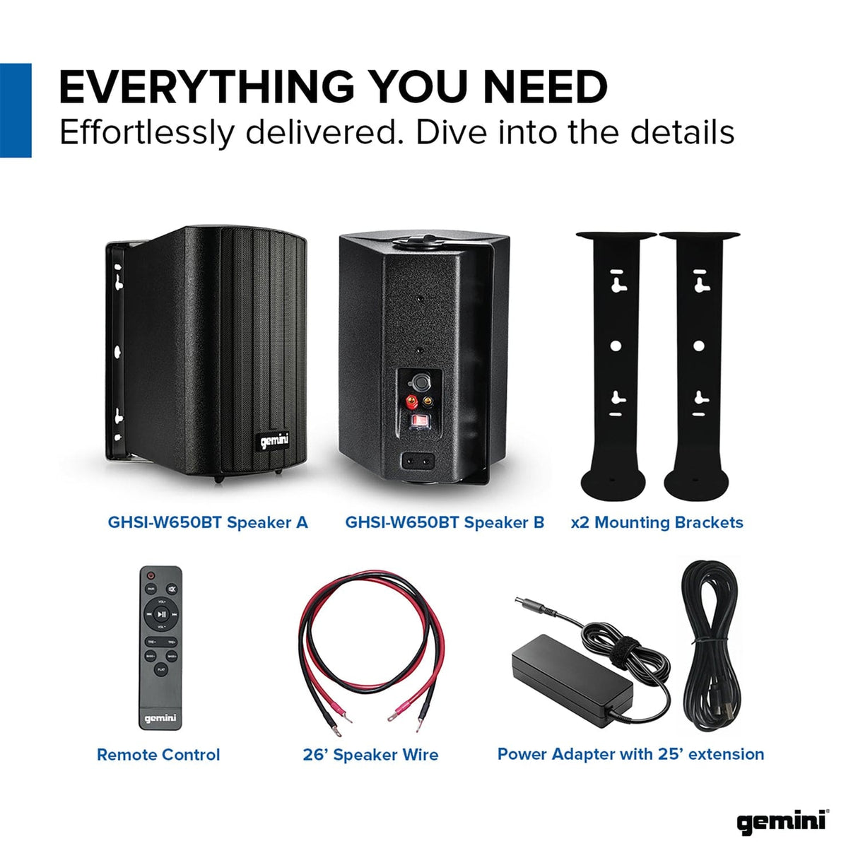Gemini GHSI Series GHSI-W650BT-PR Outdoor Bluetooth 300-Watt-Peak Outdoor Speaker Set with Mounting Brackets and Remote, 2 Count, Black