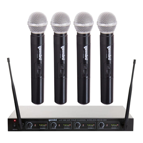 Gemini UHF-04M-S1234 UHF 4-Channel Wireless Microphone System with 4 Handheld Microphones and Receiver