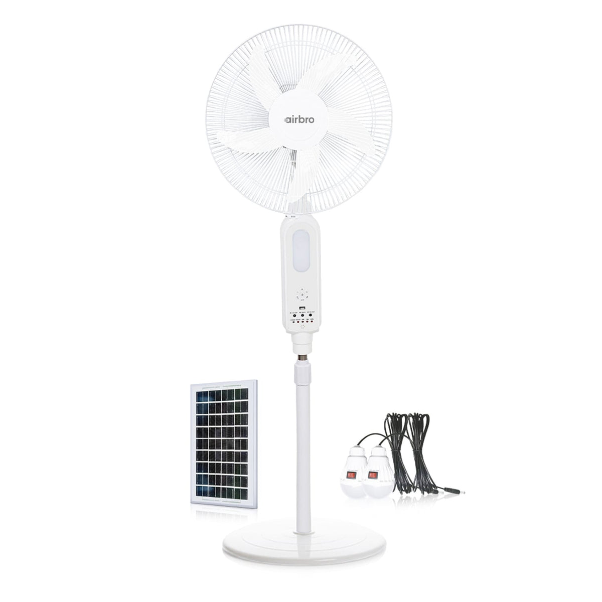 Airbro 16-In. Portable Rechargeable 70° Oscillating Stand Fan with Power Bank, 3 Speed, 1200 CFM, 5 Blades, LED, Max 20 Hours Run Time, Solar, Remote