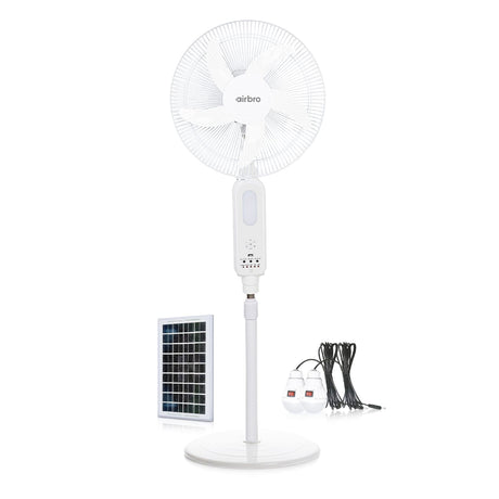 Airbro 16-In. Portable Rechargeable 70° Oscillating Stand Fan with Power Bank, 3 Speed, 1200 CFM, 5 Blades, LED, Max 20 Hours Run Time, Solar, Remote