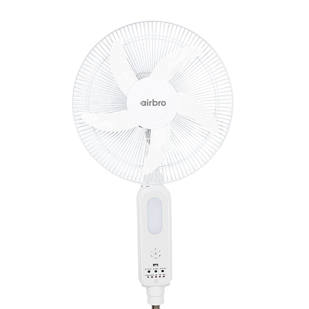 Airbro 16-In. Portable Rechargeable 70° Oscillating Stand Fan with Power Bank, 3 Speed, 1200 CFM, 5 Blades, LED, Max 20 Hours Run Time, Solar, Remote