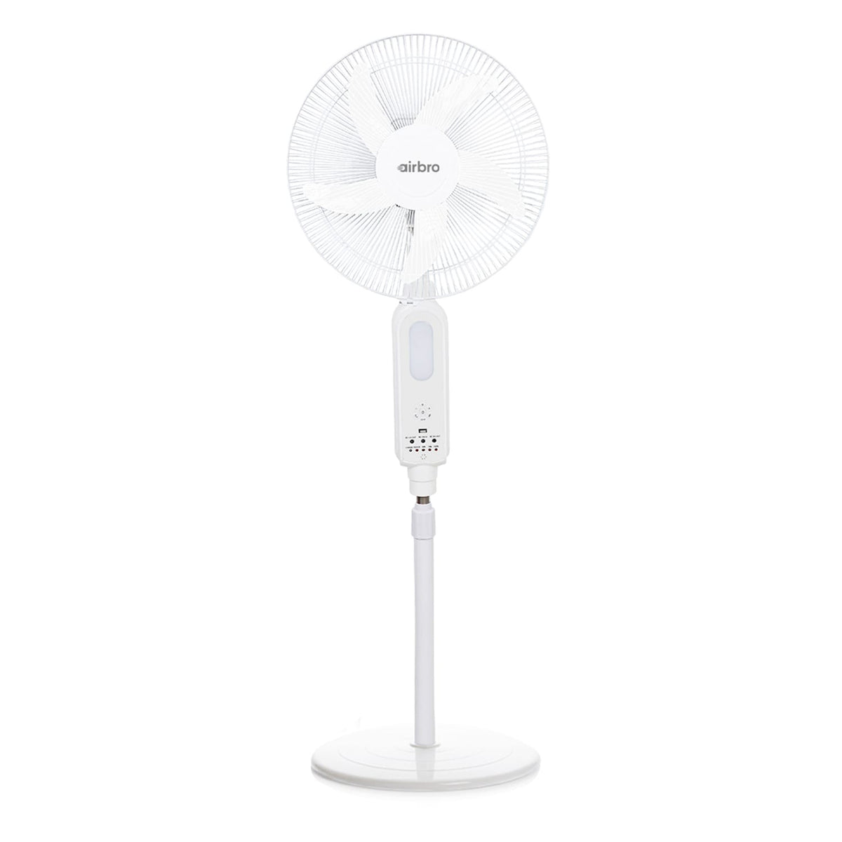 Airbro 16-In. Portable Rechargeable 70° Oscillating Stand Fan with Power Bank, 3 Speed, 1200 CFM, 5 Blades, LED, Max 20 Hours Run Time, Solar, Remote