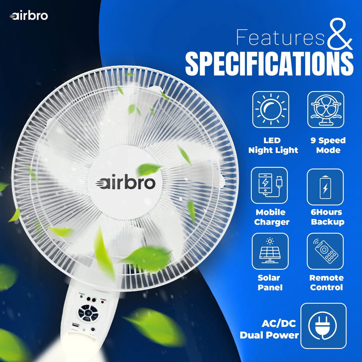 Airbro 4.5-Ah 18-In. ChargeFlow Portable Rechargeable AC/DC Oscillating Stand Fan with Power Bank, 9 Speeds, Max 20 Hours Run Time, Solar, Remote