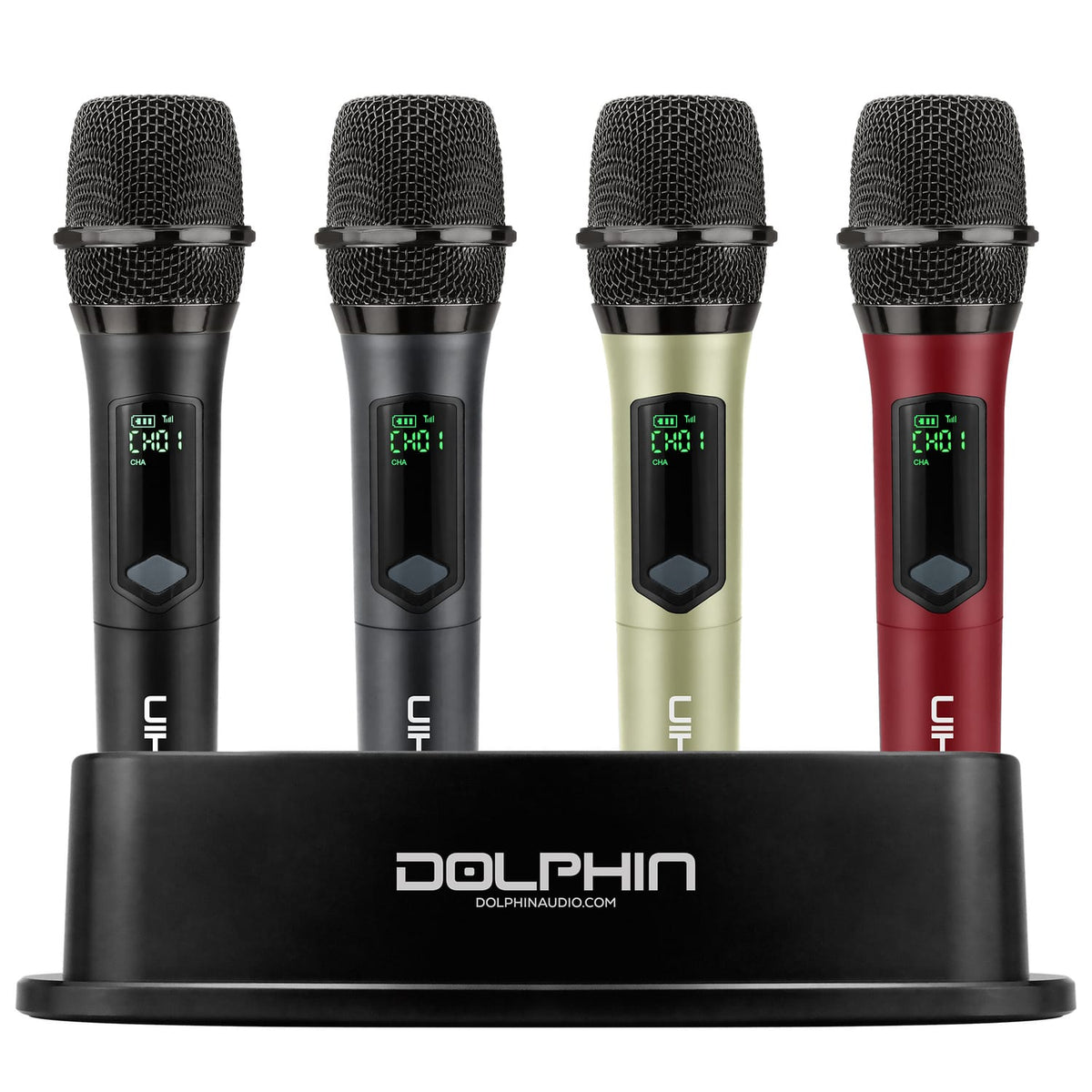 Dolphin Audio MCX-804 1-Channel 2.4-GHz Wireless Mic System, 4 Handheld Dynamic Cardioid Mics, up to 55-Yard Range, Charging Base, 1/4-In. Receiver