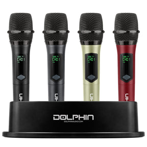 Dolphin Audio MCX-804 1-Channel 2.4-GHz Wireless Mic System, 4 Handheld Dynamic Cardioid Mics, up to 55-Yard Range, Charging Base, 1/4-In. Receiver