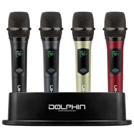 Dolphin Audio MCX-804 1-Channel 2.4-GHz Wireless Mic System, 4 Handheld Dynamic Cardioid Mics, up to 55-Yard Range, Charging Base, 1/4-In. Receiver