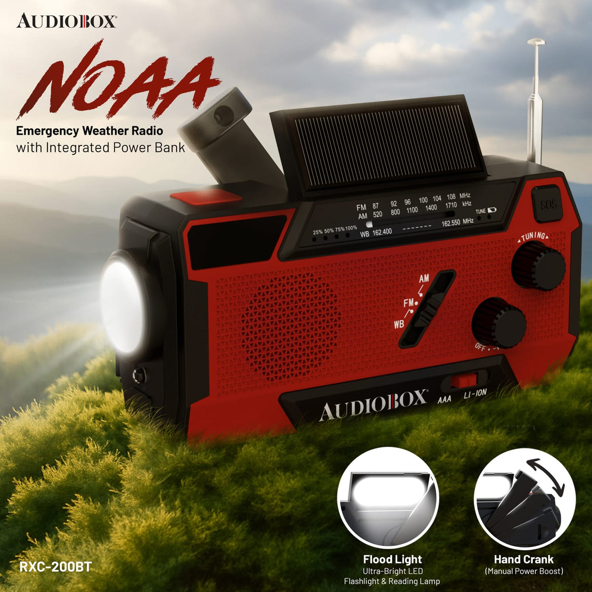 Audiobox Portable NOAA Emergency Weather Radio with AM/FM/Alerts, 4000-mAh Power Bank, Solar/Crank/USB Recharge, SOS Alarm, Flashlight, Lamp, IXP3