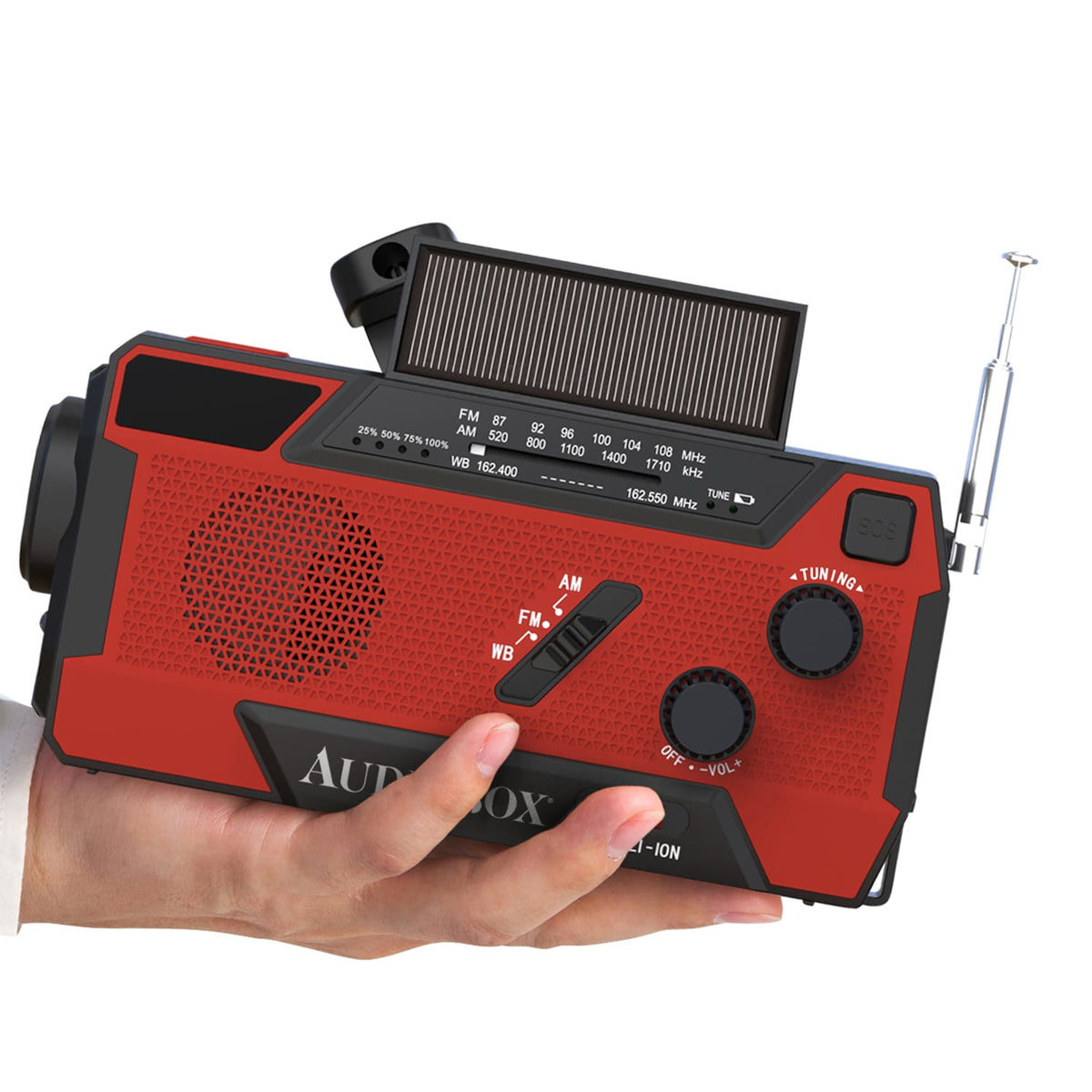 Audiobox Portable NOAA Emergency Weather Radio with AM/FM/Alerts, 4000-mAh Power Bank, Solar/Crank/USB Recharge, SOS Alarm, Flashlight, Lamp, IXP3