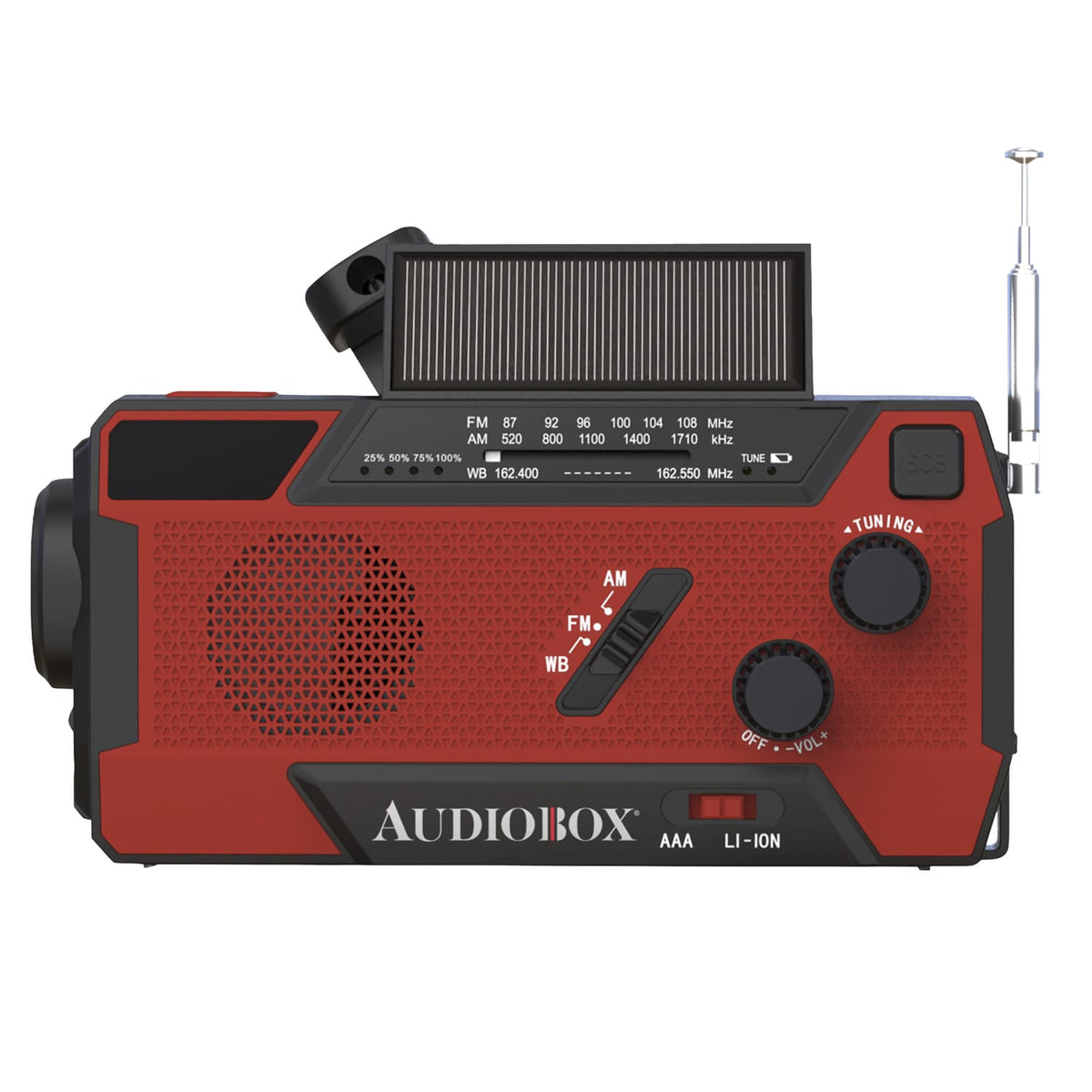 Audiobox Portable NOAA Emergency Weather Radio with AM/FM/Alerts, 4000-mAh Power Bank, Solar/Crank/USB Recharge, SOS Alarm, Flashlight, Lamp, IXP3
