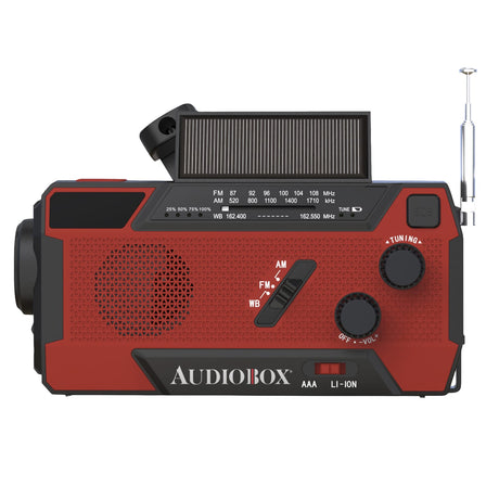 Audiobox Portable NOAA Emergency Weather Radio with AM/FM/Alerts, 4000-mAh Power Bank, Solar/Crank/USB Recharge, SOS Alarm, Flashlight, Lamp, IXP3