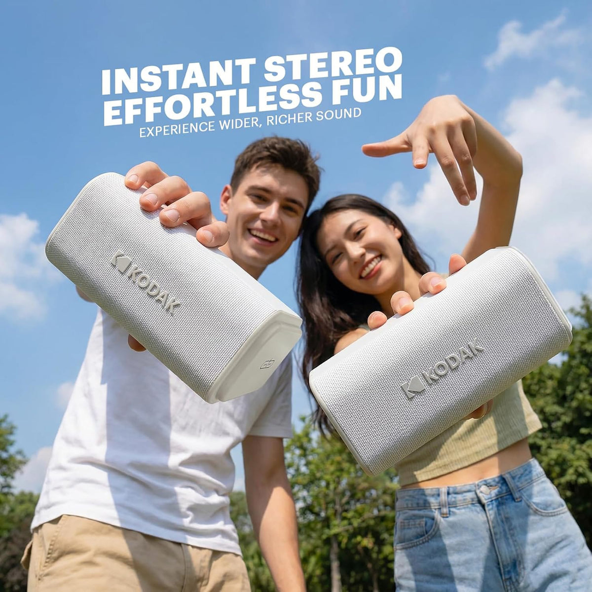 Kodak SoundBrix Plus 2-Piece Portable Rechargeable Bluetooth Speaker System, TWS, Magnetic Docking, IPX4, up to 5 Hours Play Time, Glacier White